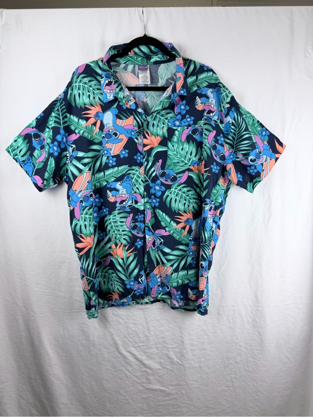 Disney Stitch Navy Hawaiian Shirt with Blue, Green‎ & Coral Tropical Print Sz L